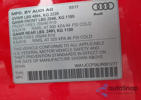 2018 Audi Q3 2.0T Premium/2.0T Sport Premium z USA, uszkodzony, nr VIN WA1JCCFS6JR001277